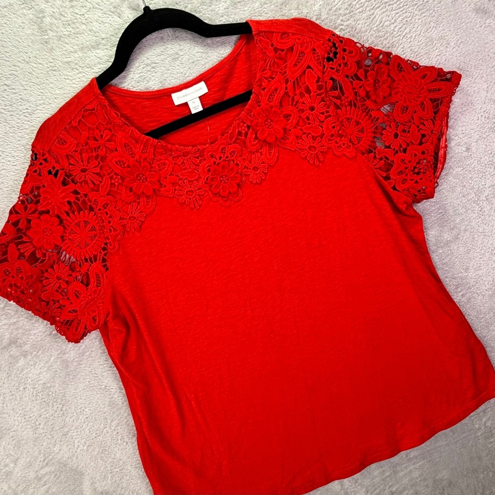 NWT Charter Club Women Top Sz XL Red Lace Sleeve Cotton Slub Casual Core
